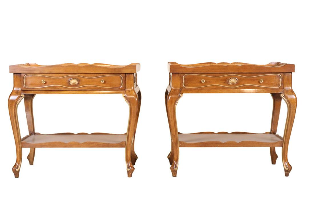 Pair of Parcel-Gilt Fruitwood Side Tables: 20th C., both fitted with one drawer. Surface distress and wear. 25-3/4"h x 29"w x 21"d