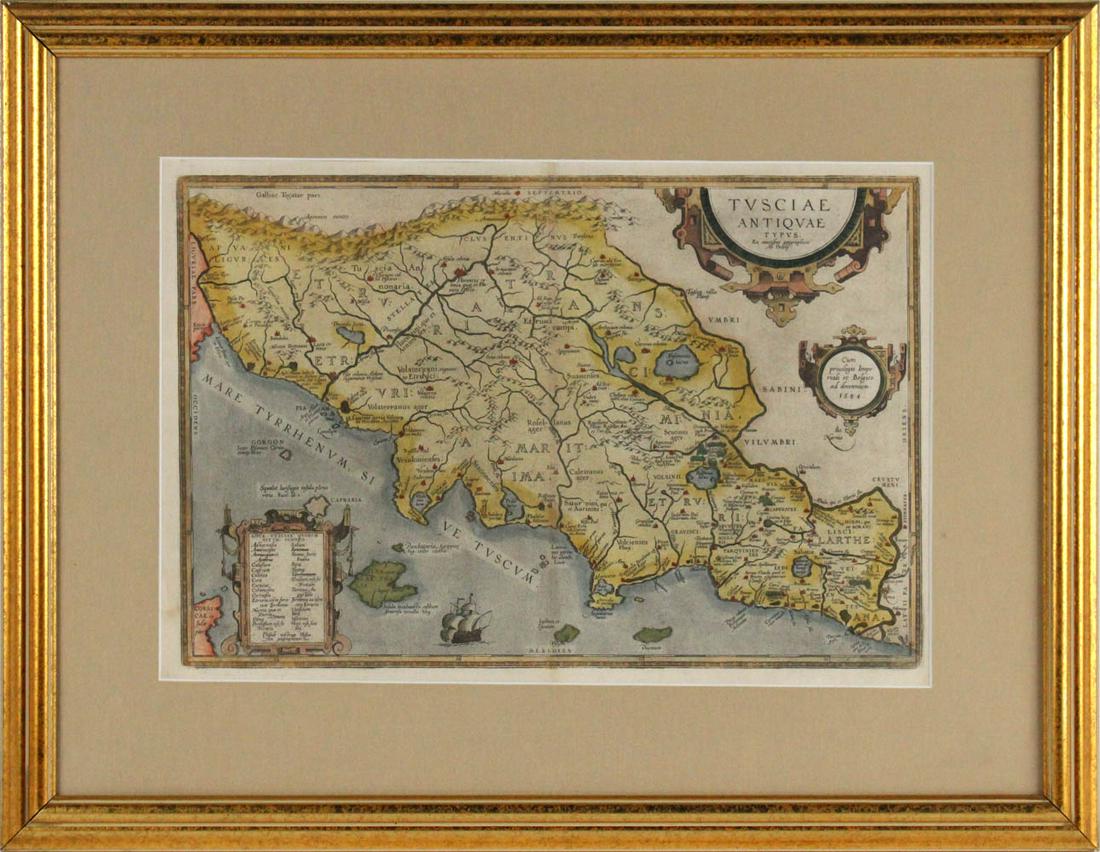 Abraham Ortelius, "Tusciae Antiquae Typus": Hand-colored copperplate engraving on chain-laid paper, not examined out of frame, with Latin text on verso. Originally published in the Latin text edition of "Parergon Theatri", published in Antwerp