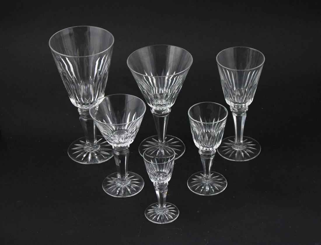 Large Set of Crystal Stemware: Appears to be unmarked, comprising 9 cordial glasses, 9 cocktail glasses, 11 liqueur glasses, 9 water glasses, 4 wine glasses, and 10 sherry glasses Heights from 3-1/8"h x 7-1/8"