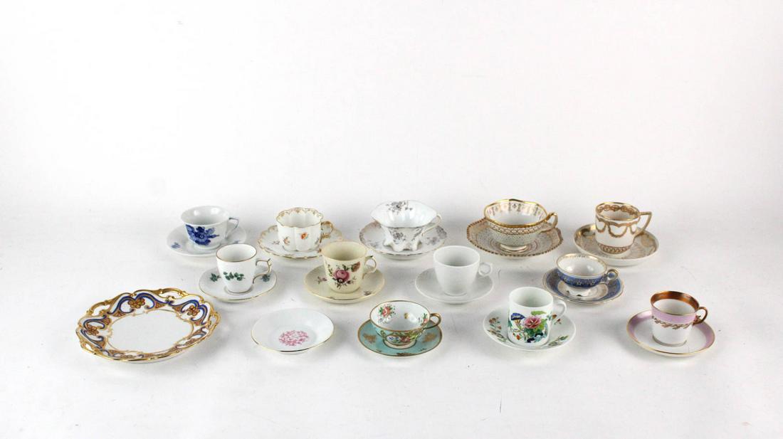 Group of European Teacups and Saucers: Including examples from Royal Copenhagen, Royal Limoges, Mitterteigh, and others; together with additional porcelain saucers and plates; appx. 26 pieces total