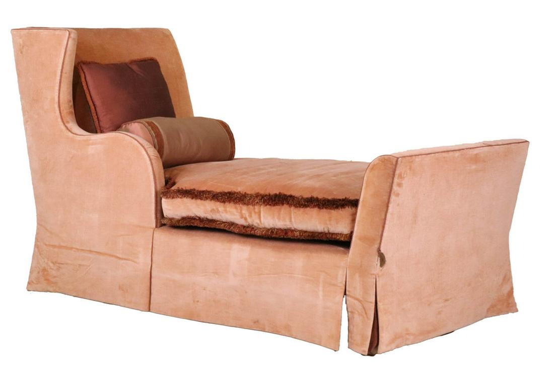 Contemporary Pink-Upholstered Recamier: 20th C. Some wear. 40"h x 5'9"w x 33-1/2"d Provenance: Property from the Collection of Maggie Cohen, New York City