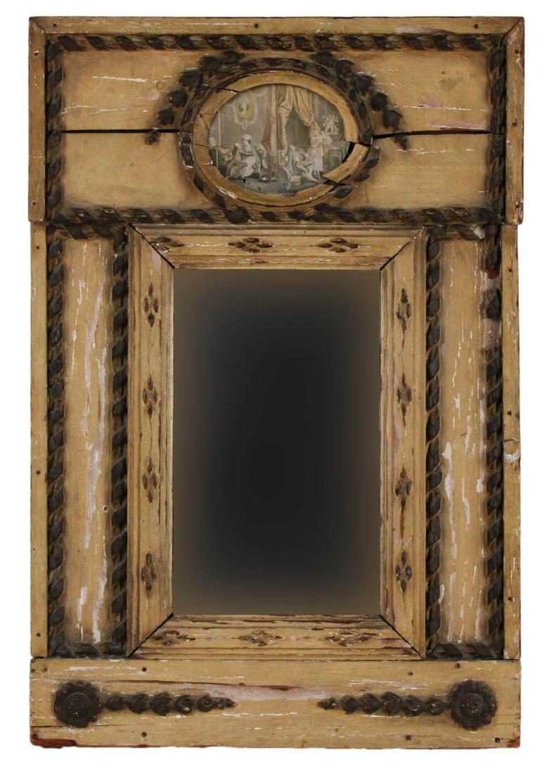Painted and Print-Decorated Diminutive Mirror: Continental, 19th C. Losses to paint, losses, surface distress. 25-1/4"h x 17"w Provenance: Property from the Collection of Maggie Cohen, New York City