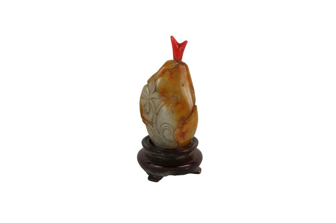 Chinese Carved Hardstone Snuff Buttle: On associated hardwood stand. 3"h x 1-1/2"w