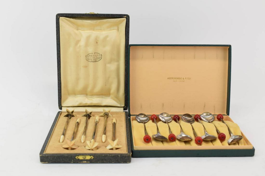 Silver Plated Boxed Set of Cocktail Muddlers: Vintage Silver Plated Boxed Set of Cocktail Muddlers, with bakelite tips, retailed by Abercrombie and Fitch, NY, labeled EPNS, Made in England; together with a boxed set of Cardeilhag, Paris silver pl
