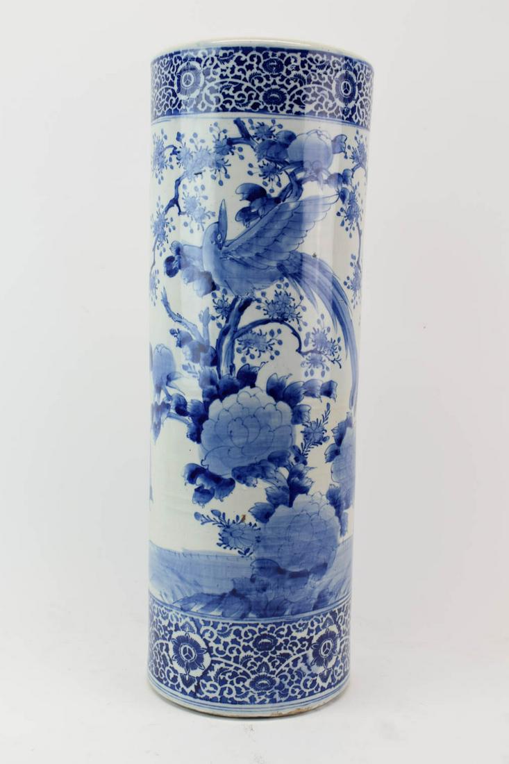 Blue and White Asian-Inspired Umbrella Stand: Blue and White Asian-Inspired Umbrella Stand Used condition, staining, repair Appx. 24"h x 8-1/2"dia
