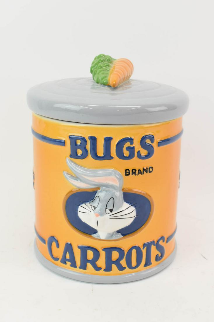 TC & Co 96 WB Bugs Bunny Carrots Porcelain Jar: TC & Co 96 WB Bugs Bunny Carrots Porcelain Jar, cylindrical covered jar with carrot finial Good used condition 8-1/2"h x 6"dia