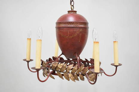 Six-Light Niermann Weeks Red Toleware Chandelier: Vintage Six-Light "Vintage" Niermann Weeks Red Toleware Chandelier, gilt finish decorative paint and wreath of laurel leaves. Used condition. Appx. 19"h x 26-1/2"dia