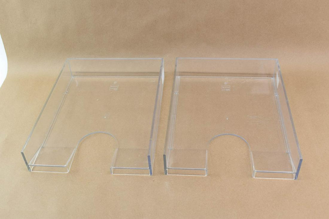 Set of Two Palates, Finland Lucite Document Trays: Set of Two Palates, Finland Lucite Document Trays, stacking, Palaseet designed by Ristomatti Ratia, Made in Finland, each 2-3/4"h x 10"w x 13-1/2"d, some scratching, used condition.