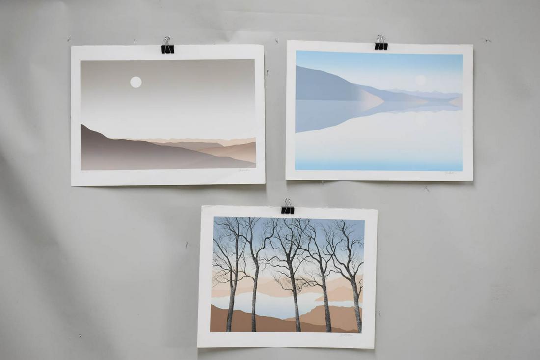 Three John Murray Barton MCM Silkscreens: Three John Murray Barton Mid-Century Modern Landscape Silkscreens, signed and numbered in pencil Used condition, one image has two breakmarks Each appx. 30"w x 22"h overall, appx. 27"w x 18-1/2"h sigh