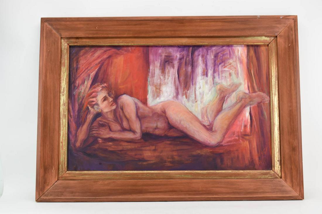 Oil on Canvas of Reclining Female Nude: Oil on Canvas of Reclining Female Nude, signed l.r. Used condition, some cracking to canvas, wear, worn Overall: 28"h x 39-1/2"w