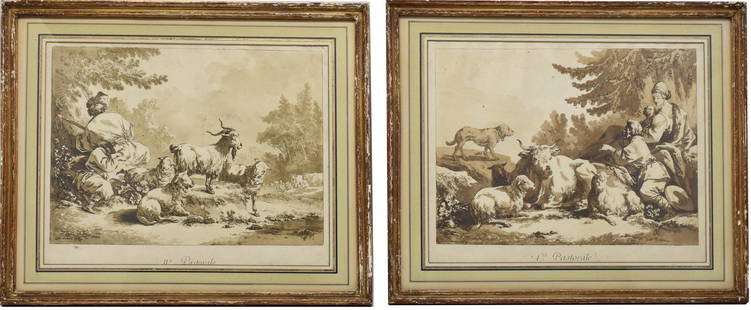 Jean-Baptiste Le Prince, Two Aquatints: Jean-Baptiste Le Prince, Two Aquatints (French, 1734-1781), comprising "First Pastoral" and "Second Pastoral", each signed in plate and dated 1776 l.l.c. Each overall: 13-3/4"h x 16-1/2"w Each sight: