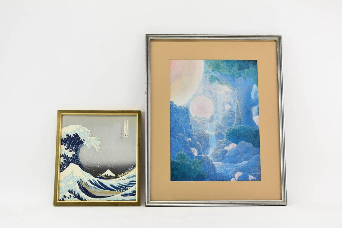 The Great Wave off Kanagawa Print After Hokusai: The Great Wave off Kanagawa Print After Hokusai, fragment of the print. Together with a print of a blue landscape by Gilbert Williams. Used condition. Largest: 20-3/4"h x 17"w
