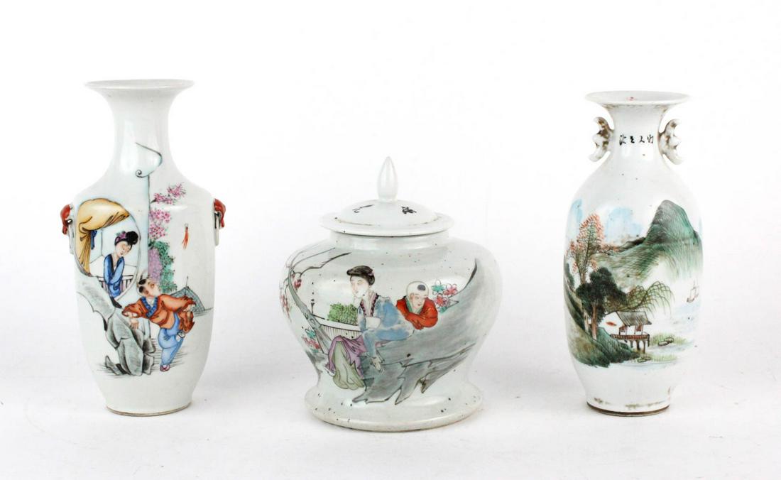 Three Chinese Famille Rose Porcelain Vases: Three Chinese Famille Rose Porcelain Vases, all with Certificates of Antiquity from China National Arts & Crafts Import & Export Corp, one with a lid and two baluster form, all unmarked. 9-1/4"h x 4"d