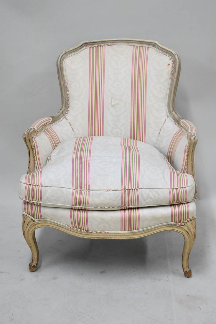 Louis XV Style White-Painted Bergere: Louis XV Style White-Painted Bergere, with striped upholstery. Used condition, wear, worn, losses to paint, stains, tears. 34-1/4"h x 29"w x 22"d