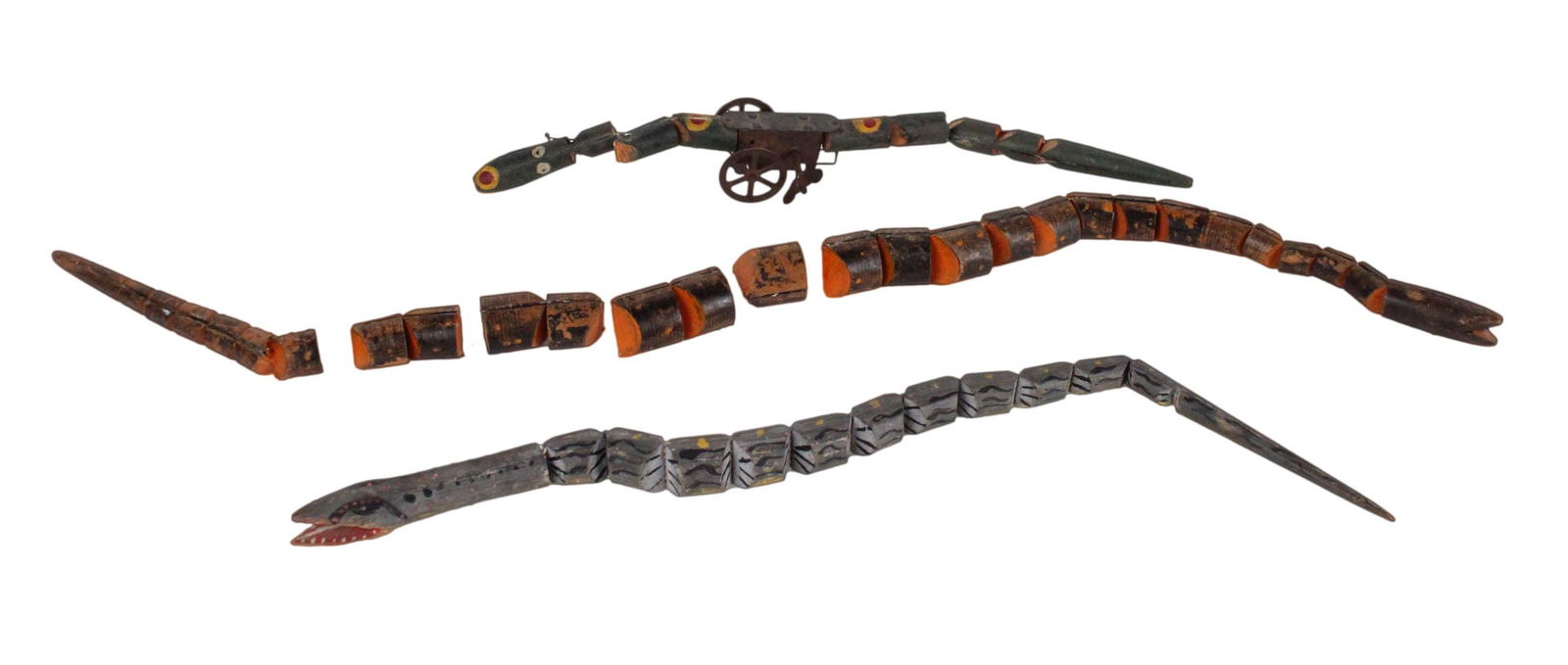 Three Painted Articulated Wood Snakes (1 of 9)