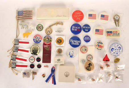 Group of Pins and Memorabilia: Group of Pins and Memorabilia, mostly political and presidential, comprising campaign pins for Reagan/Bush, Landon/Knox, and Nixon; and political/presidential jewelry including an "Ike" charm bracelet