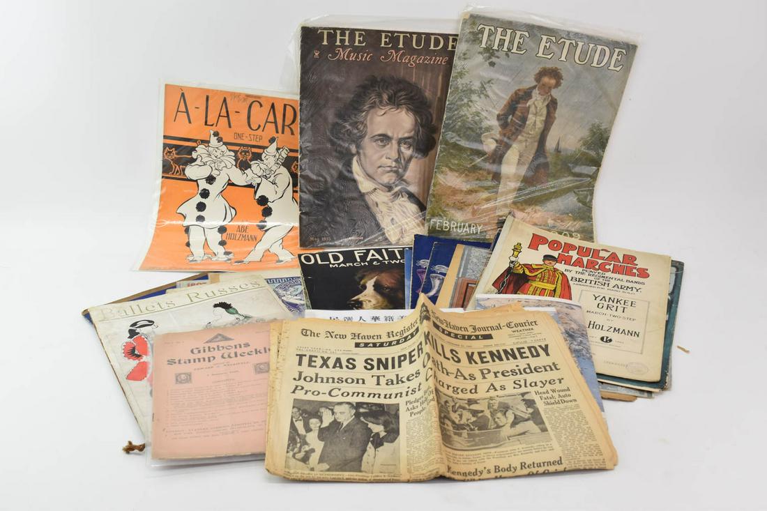 Group of Sheet Music by Abe Holtzmann: Group of Sheet Music by Abe Holtzmann; together with a variety of ephemera, including two The Etude Magazines, Russian Ballets, The Store Book from Marshall Field, The New Haven Register about JFK ass
