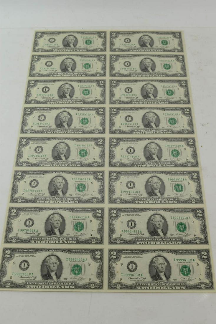 $2 Bill Uncut Sheet of 16 Notes 1976 Uncirculated (1 of 8)