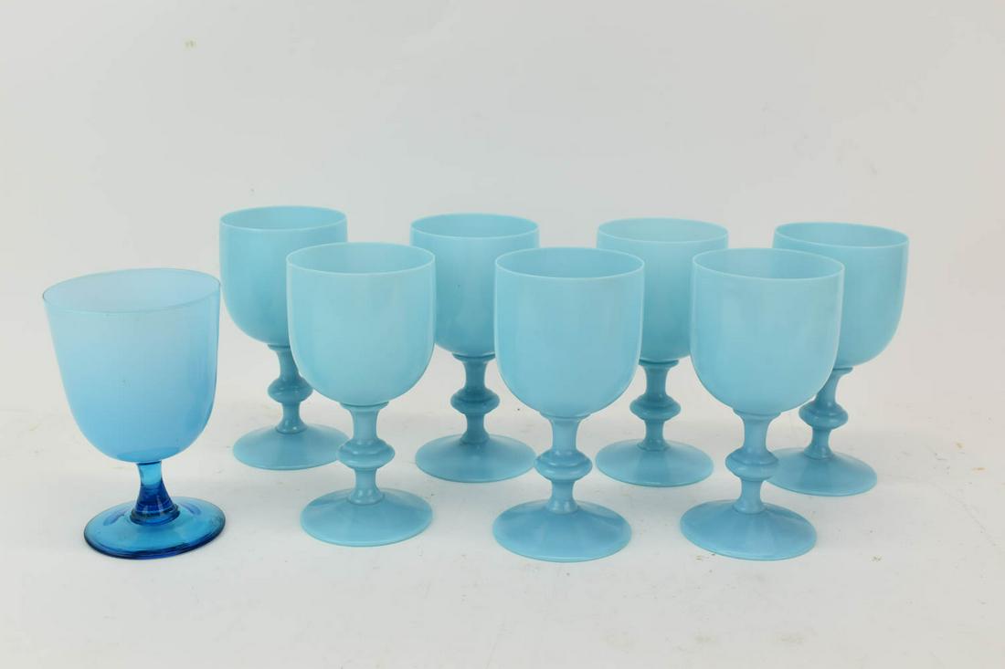 Seven P.V. France Blue Glass Goblets: Seven P.V. France Blue Glass Goblets, together with a similar blue glass goblet. Wear, chips, used condition. 6-1/2"h x 3-1/2"dia
