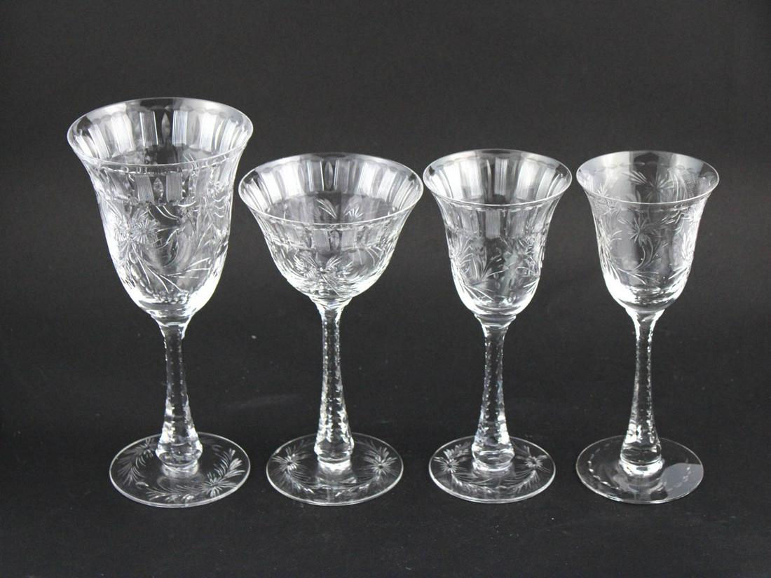 Set of Hawkes Crystal Stemware: Set of Hawkes Crystal Stemware, comprising 12 goblets, 12 wine glasses, and 12 water goblets, 36 pieces total, all marked "Hawkes" Some chips and losses The tallest: 8-1/4"h