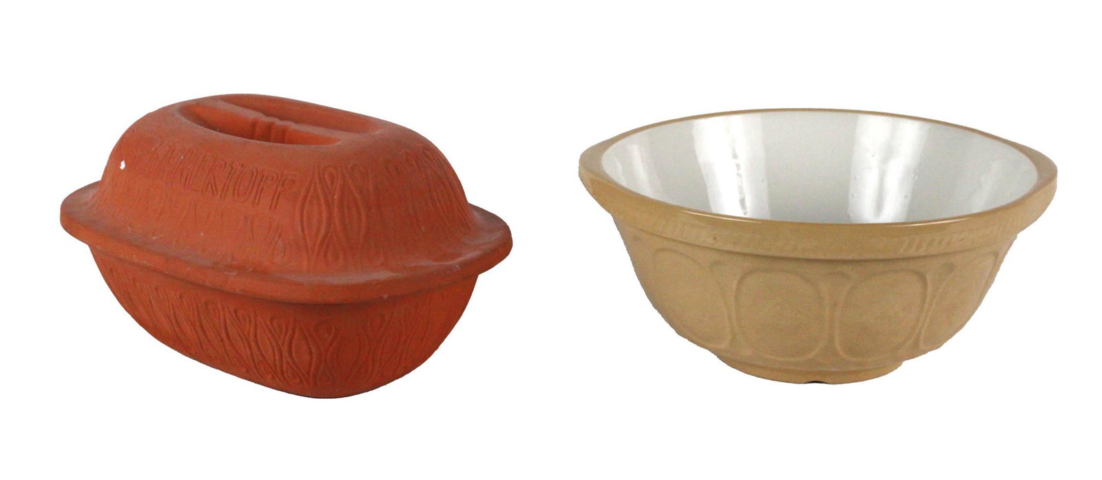 Schlemmertopf Vintage Clay Crock Baker: Schlemmertopf Vintage Clay Crock Baker, stamped "833 Scheurich West Germany" on underside; together with a Green's yellowware mixing bowl Baker: appx. 6-3/8"h x 12-1/4"w Bowl: 12-1/2"dia
