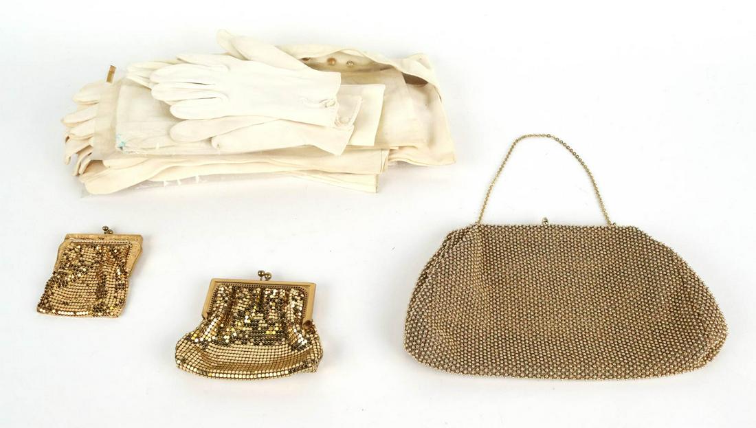 Lumured Golden Petite Bead Evening Purse: Lumured Golden Petite Bead Evening Purse (10"l), together with two gold lame change purses, opera gloves, white gloves in kid leather and cotton. Losses and some singletons.