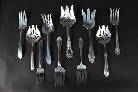 Ten Vintage Sterling Silver Serving Forks: Two with sterling handles and not weighed, including a Reed and Barton, "Burgundy" pierced fork (9-1/2"l), and a Old Newbury Crafters, "Old Newbury" fork. Appx. 23 t.o. total of items weighed