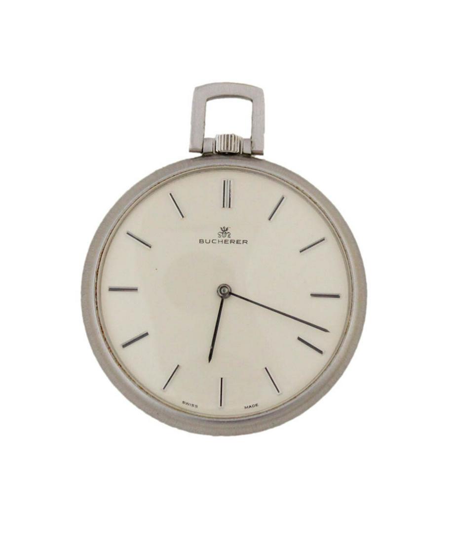 Bucherer Gentlemen's Open-Faced Pocket Watch: 1950s, cream dial and steel baton numerals and hands, brushed steel back, in a leather case; together with a stainless yacht timer, a ladies' Parker pocket watch, and a single Lucerne gentlemen's cuff