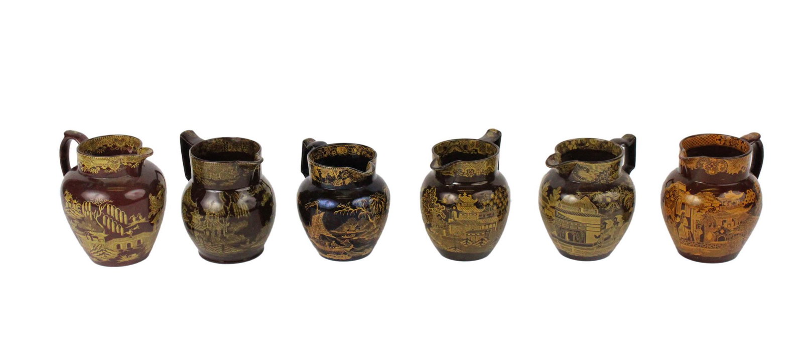 Six Yellow Transfer Printed Brown Ware Jugs (1 of 14)