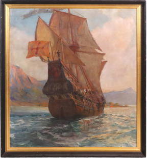 John Prentiss Benson, Oil on Canvas, Galleon: (American, 1865-1947) "Untitled (Galleon Running Away #2)", signed l.l.c.Overall: 38-3/4"h x 35-3/4"wSight: 34-1/4"h x 31-3/8"wLiterature: Nicolas J. Baker, "The Artistic Legacy of Prentiss Benson",