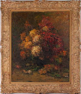 Louis Bonamici, Oil on Canvas, "Chrysanthems": (Italian/French, 1880-1966) January 1960, signed l.l.c., titled and dated in pencil on verso Overall: 37-1/4"h x 32"w Sight: 28-1/4"h x 23-1/4"w