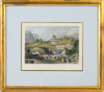 After Thomas Allom, Four Chinese Landscapes: Prints, titled "Silk Farms at Hoo-Chen", "The Grand Temple at Poo-too Chusan Islands", " The Hea Hills, Chaou-king-foo", and "The Taeping Shaou Kwan". Each overall: 12-1/2"h x 14-1/2"w Each sight: 6-1