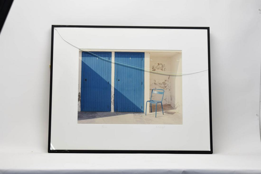 Photographic Print, "Blue Chair, Cassis, France": Photographic Print, "Blue Chair, Cassis, France", signed in pencil "M. Stipell(?)" l.r.c. and numbered 6/250 Used condition, wear, worn, crack to plexiglass, not examined out of frame Overall: 24-1/4"
