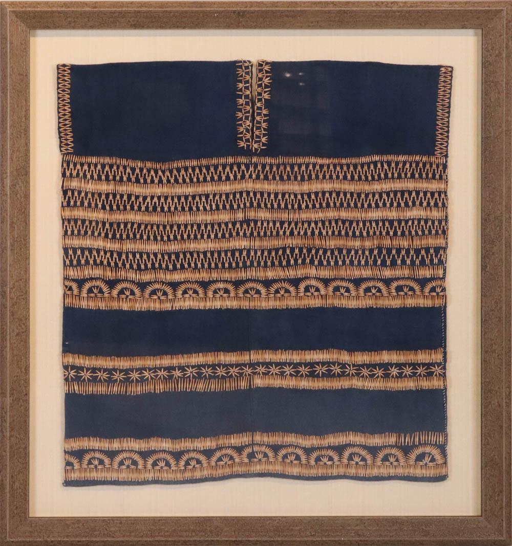 Chinese Bamboo Bead Decorated Shirt: Chinese Bamboo Bead Decorated Shirt, blue woven linen decorated profusely with bamboo beads, mounted on linen and framed Overall: 39-1/8"h x 35-1/2"w Shirt: appx. 29-5/8"h x 27"w