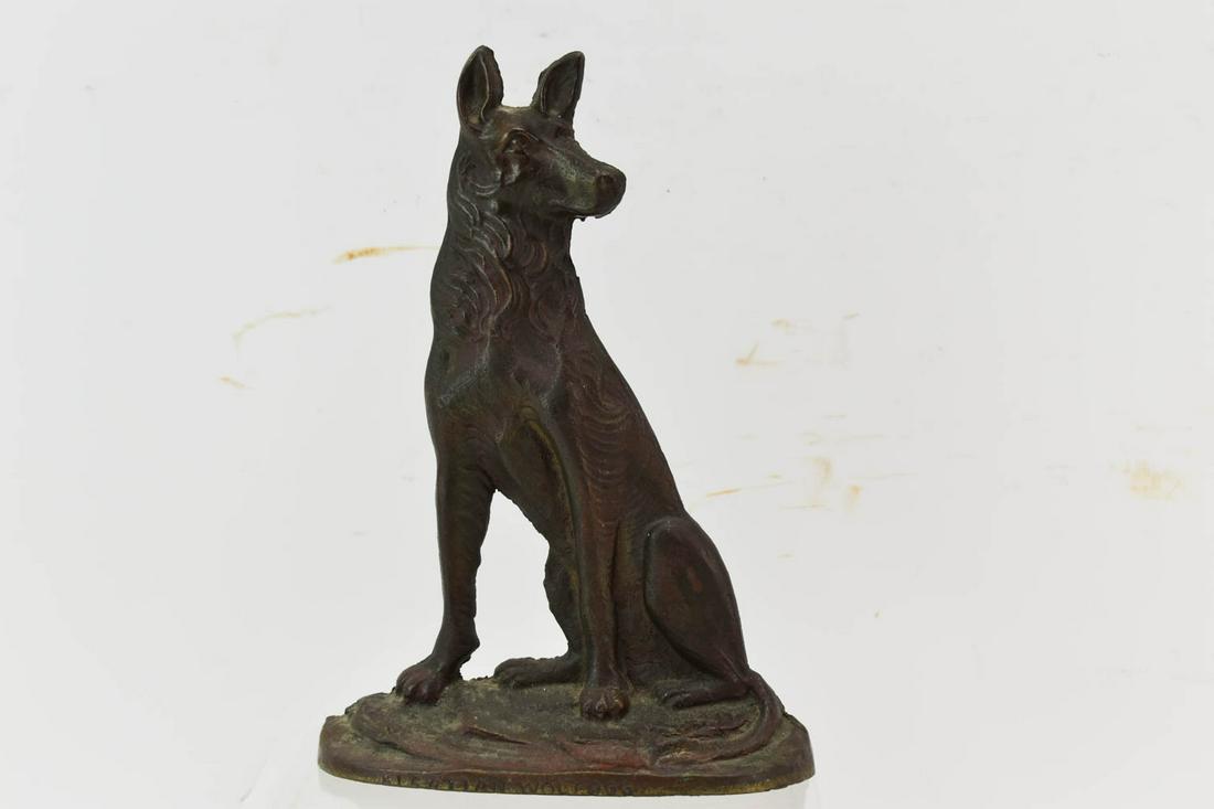 Vintage Bronze Wolf Dog Door Stop: Vintage Bronze Wolf Dog Door Stop. Used condition, wear, worn. 9"h x 3"d x 6-1/4"w