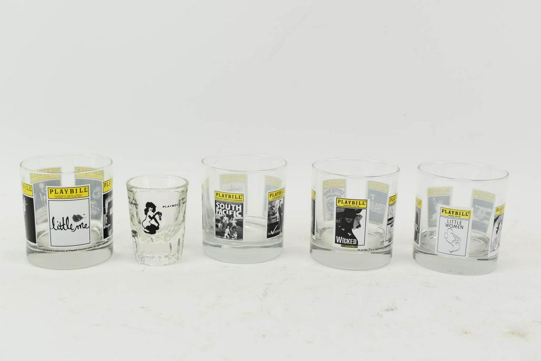 Group of 4 Playbill Old Fashion Drinking Glasses: Group of Four Playbill Old Fashion Drinking Glasses. Together with a vintage playboy shot glass. Used condition