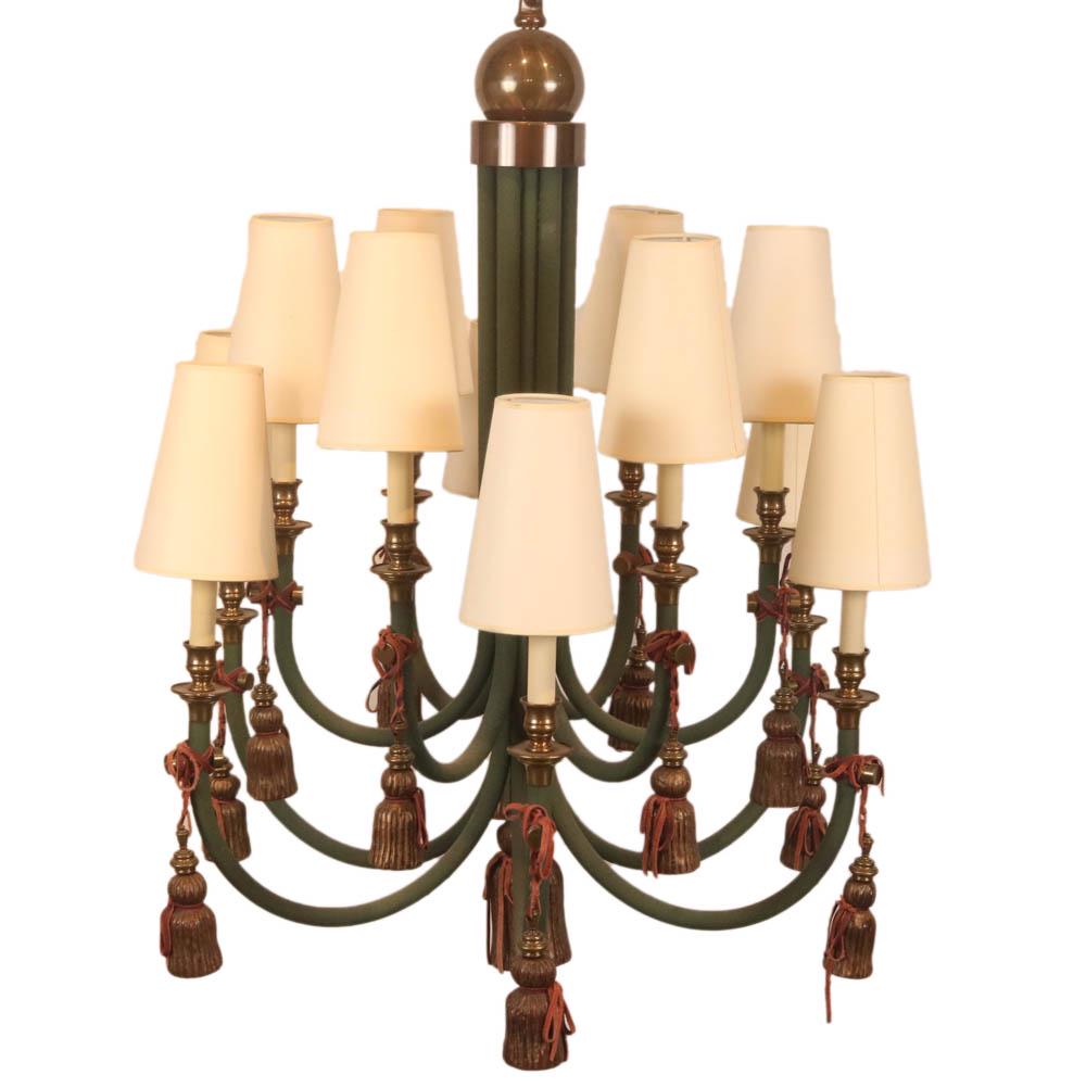 Green Painted and Brass Twelve-Light Chandelier: 20th C., with faux tassels on each arm. Some surface distress. Appx. 37"h x 28-1/4"dia