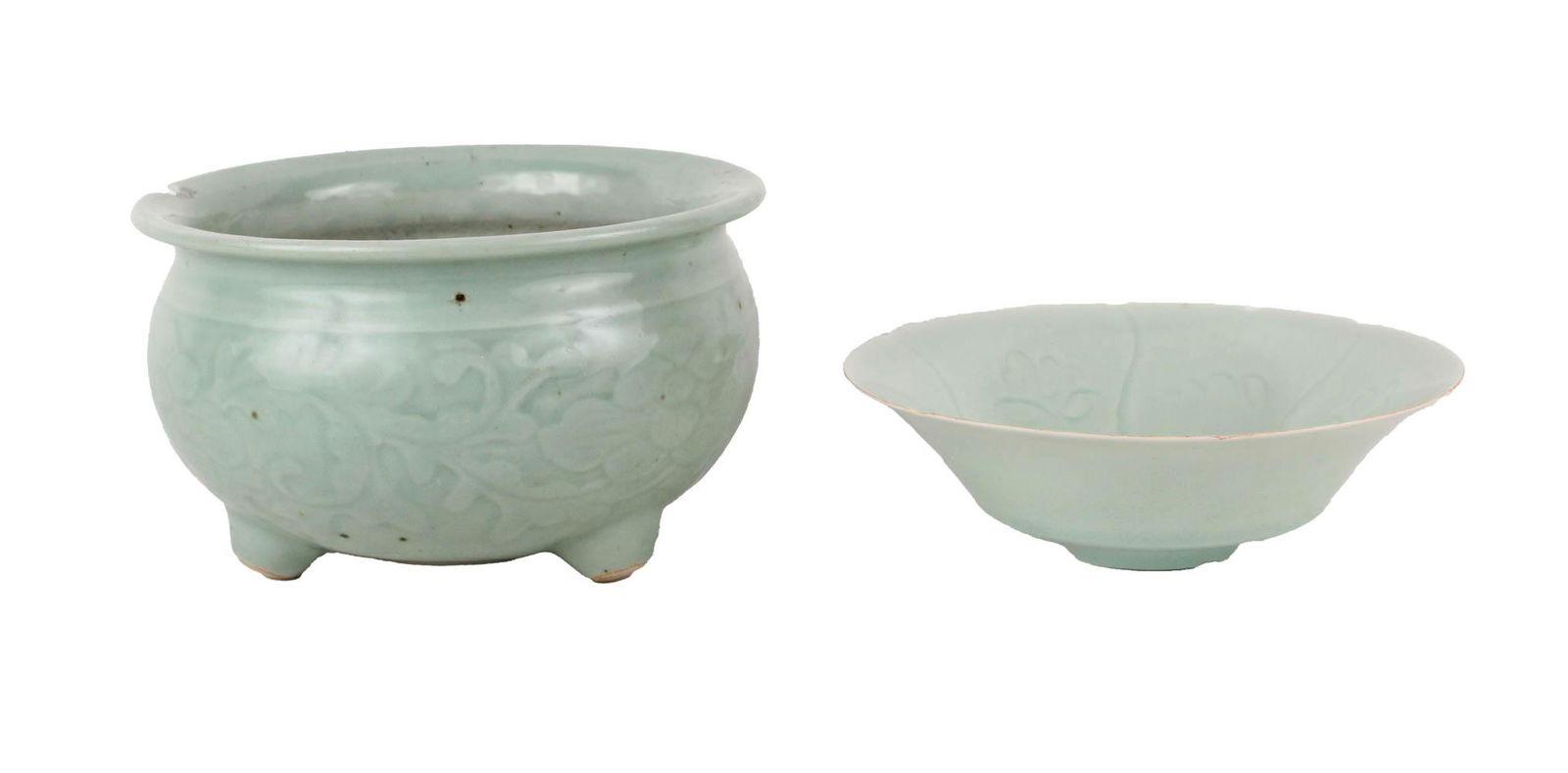 Pair of Chinese Celadon Porcelain Bowls: One from the Song Dynasty, one with feet, both unmarked Large chip to rim. 2-3/4"h x 9"dia and 5"h x 9-1/4"dia