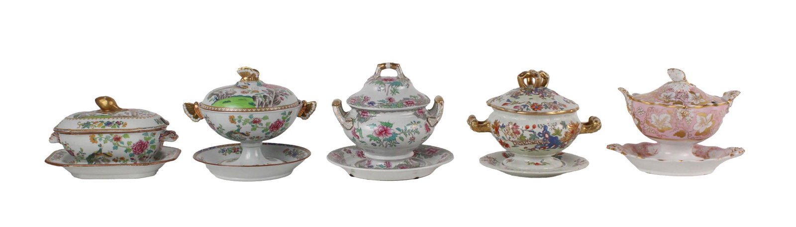 Five Porcelain Sauce Tureens: Three marked Spode, all with underplates. Cracks, wear, surface distress. Largest: 6-1/2"h x 7-3/4"w x 6-3/4"d