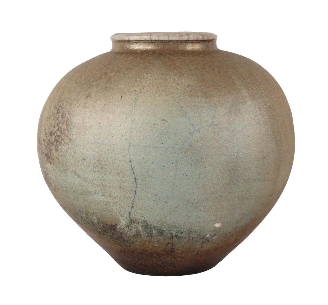 Curt Brill Raku Fumed Pottery Vase: Signed underside, together with a glazed pottery object, 2 pieces total. Large cracks to vase. 11-3/4"h x 12-1/2"w x 9-1/2"d and 14-1/4"h x 9-1/2"w x 3-1/2"d