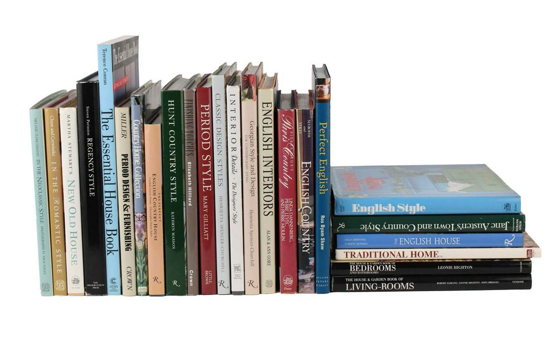 Group of Books on Country Homes and Design: Including "English Interiors" by Alan and Ann Gore; "Georgian Craftsmen and their Work" by Geoffrey Beard; "The Perfect English Country House" by Candida Lycett Green; and others, appx. 29 books total