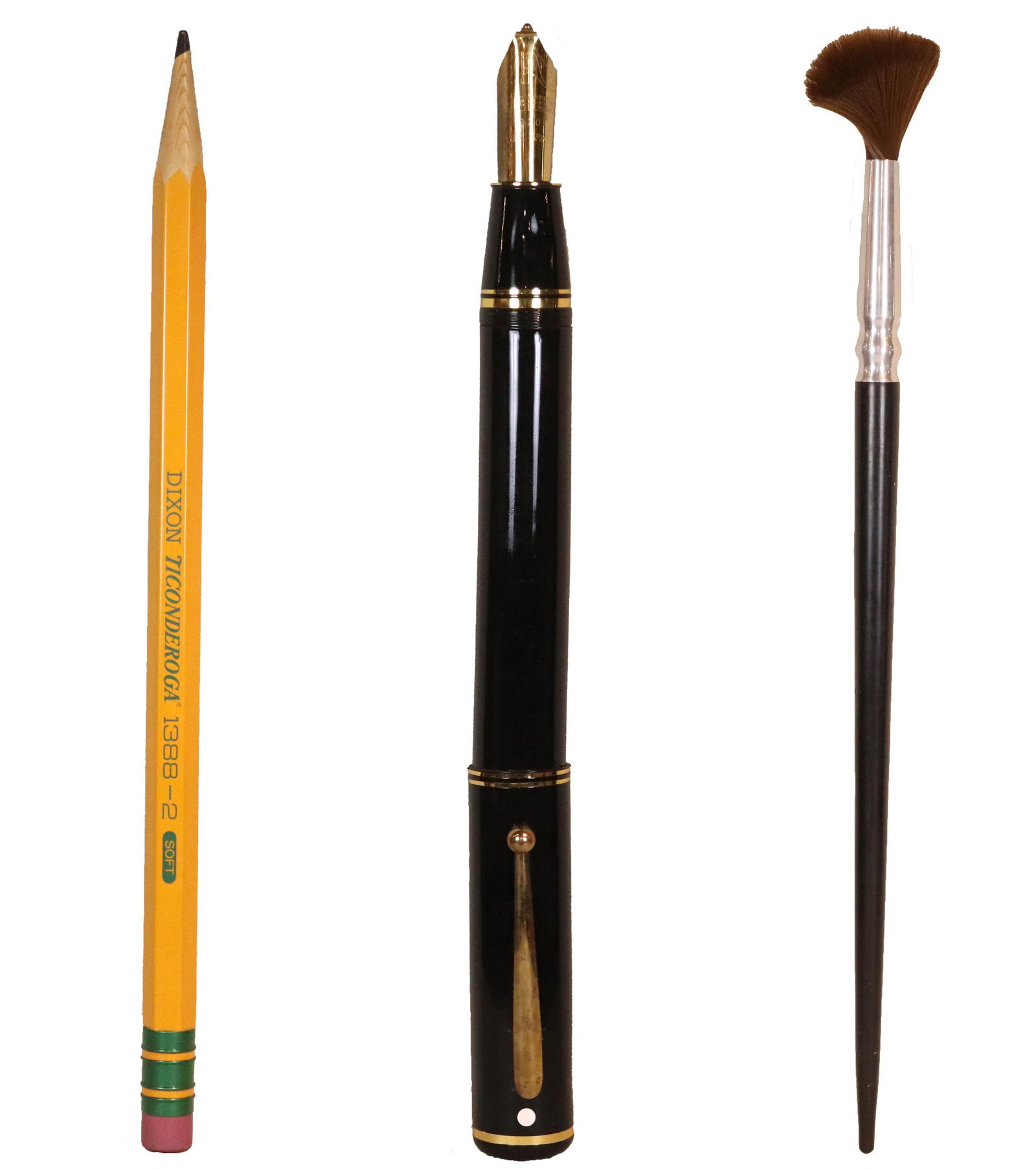 Pop Art Oversized Pen, Pencil & Paintbrush: Made of wood, metal, and plastic; pencil made by Pop/Eye Productions Inc, NYC. 1979, made of wood and composition, and Handle on pen loose, some metal loose, surface distress, and holes. Fountain pen: