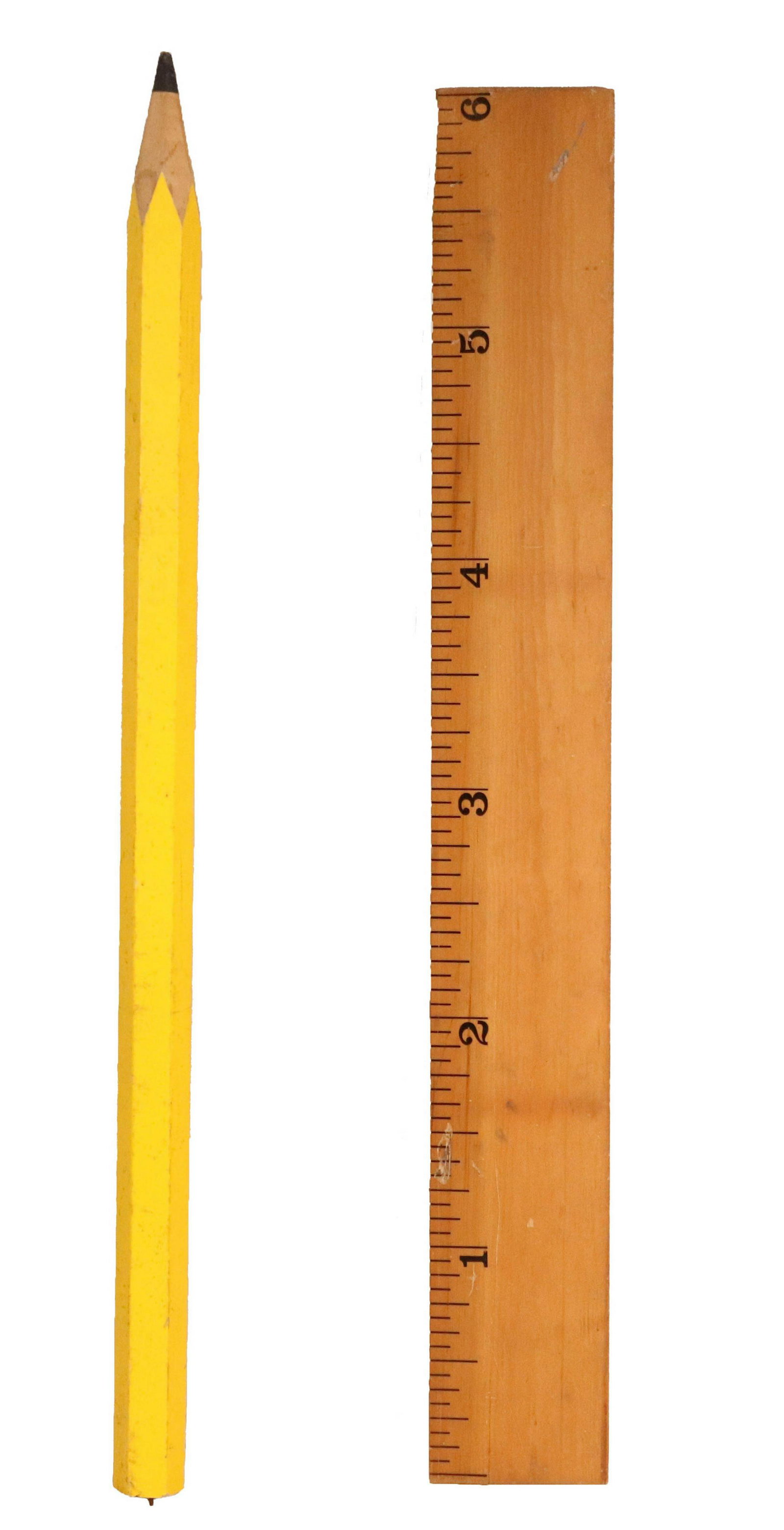 Pop Art Oversized Pencil and Ruler: 20th C. Scratches, holes, lacking eraser, surface distress, cracks to ruler 5'2"l x 3"dia and 9-3/4"h x 5'11-1/2"l x 1"d