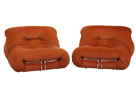 Two Afra & Tobia Scarpa "Soriana" Lounge Chairs: Made for Cassina by Atelier International. Some wear and surface distress. Each 26"h x 36"w x 40"d, seat height 15"h