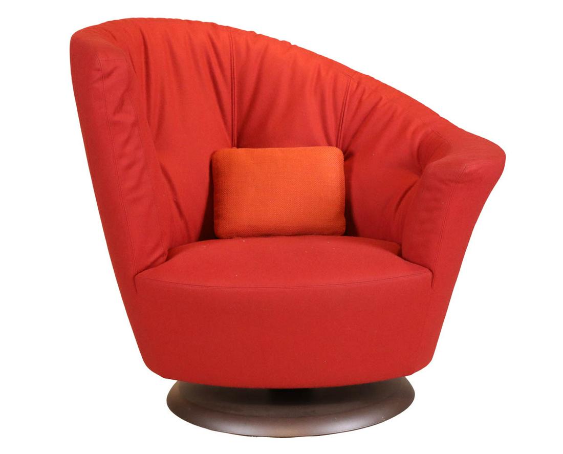 Giorgetti "Arabella" Swivel Armchair: Designed by Massimo Scolaro for Giorgetti, 21st C., in red velvet upholstery, includes cushion 40-1/8"h x 47-5/8"w x 33-1/2"d