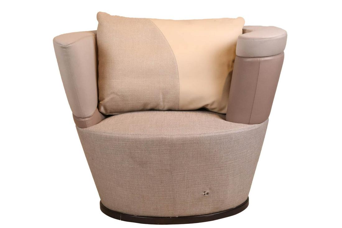Giorgetti "Sedia" Chair: 20th/21st C., in mixed linen, faux leather, and silk upholstery, includes matching pillow Appx. 32-1/2"h x 40"w x 25"d, seat height 17-1/4"h
