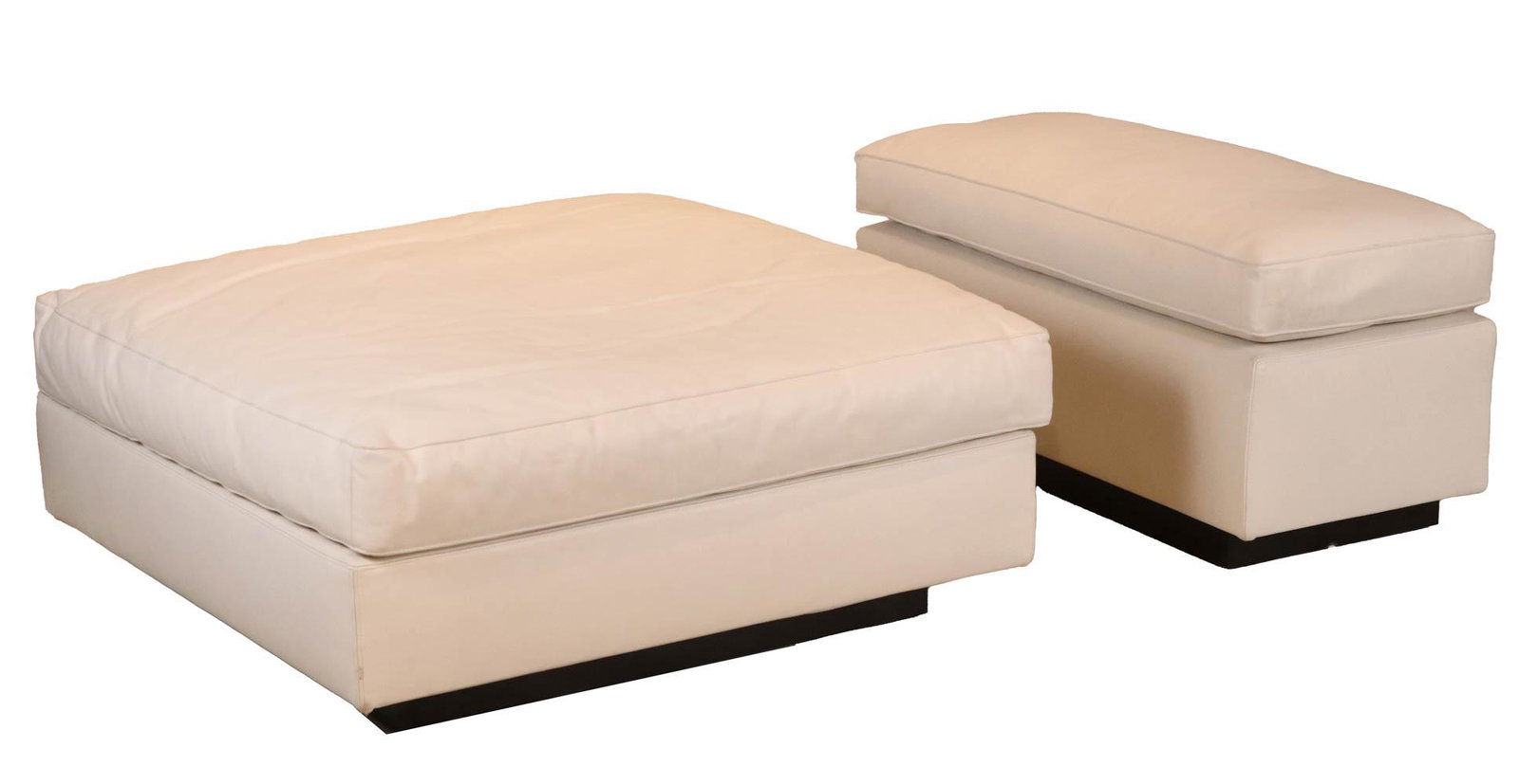 Two Giorgetti White Leather Ottomans: 20th/21st C. Sizes from 16-3/4"h x 39-1/4"w x 17"d to 16-1/4"h x 39-1/4"sq