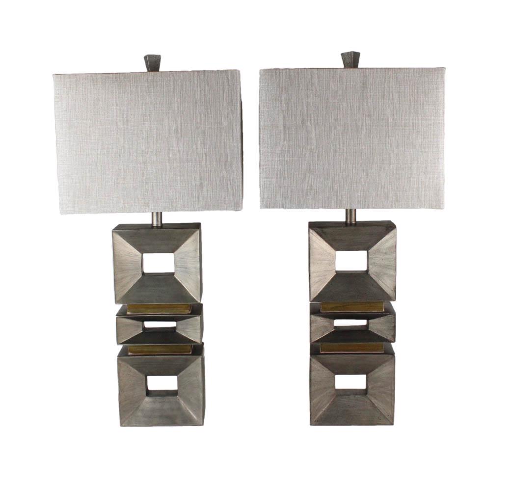 Pair of Contemporary Geometric Lamps: 20th/21st C., with rectangular linen lampshades Each appx. 32-1/2"h