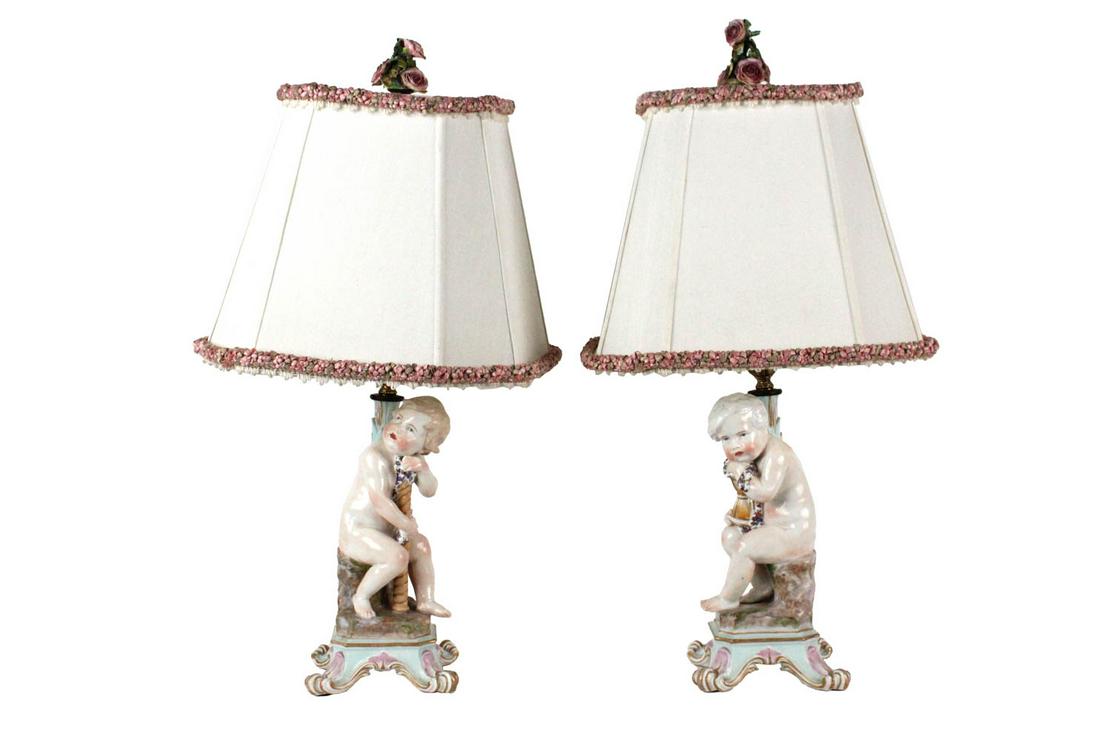 Pair of Painted Porcelain Cherub Lamps (1 of 15)