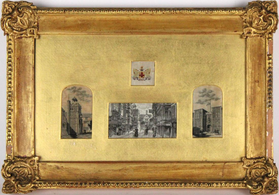 Miniature Needleworks of London: Together with a needlepoint of girl with dog in ornate mahogany frame, 2 pieces total Overall: 12"h x 16-1/2"w and 22-1/2"h x 19-1/2"w